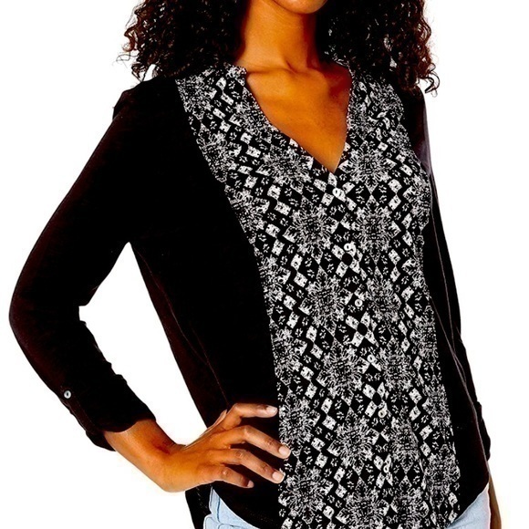 Lucky Brand Bib Button Down Blouse XS Black and white graphic print. NWT - Picture 1 of 2